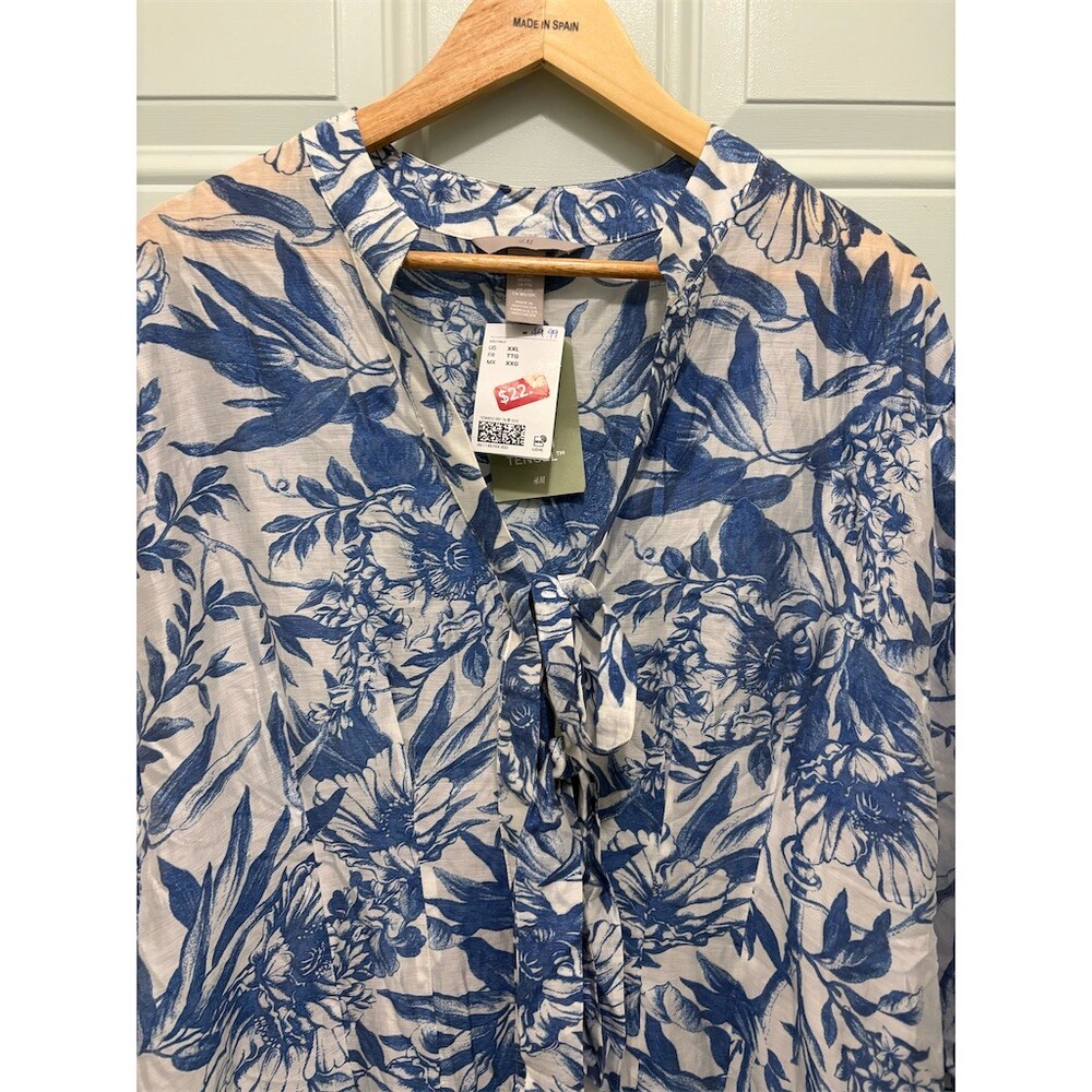 H&M Cover Up Womens 2XL Blue Floral Tunic Dress Beach Resort Semi Sheer - Picture 5 of 7